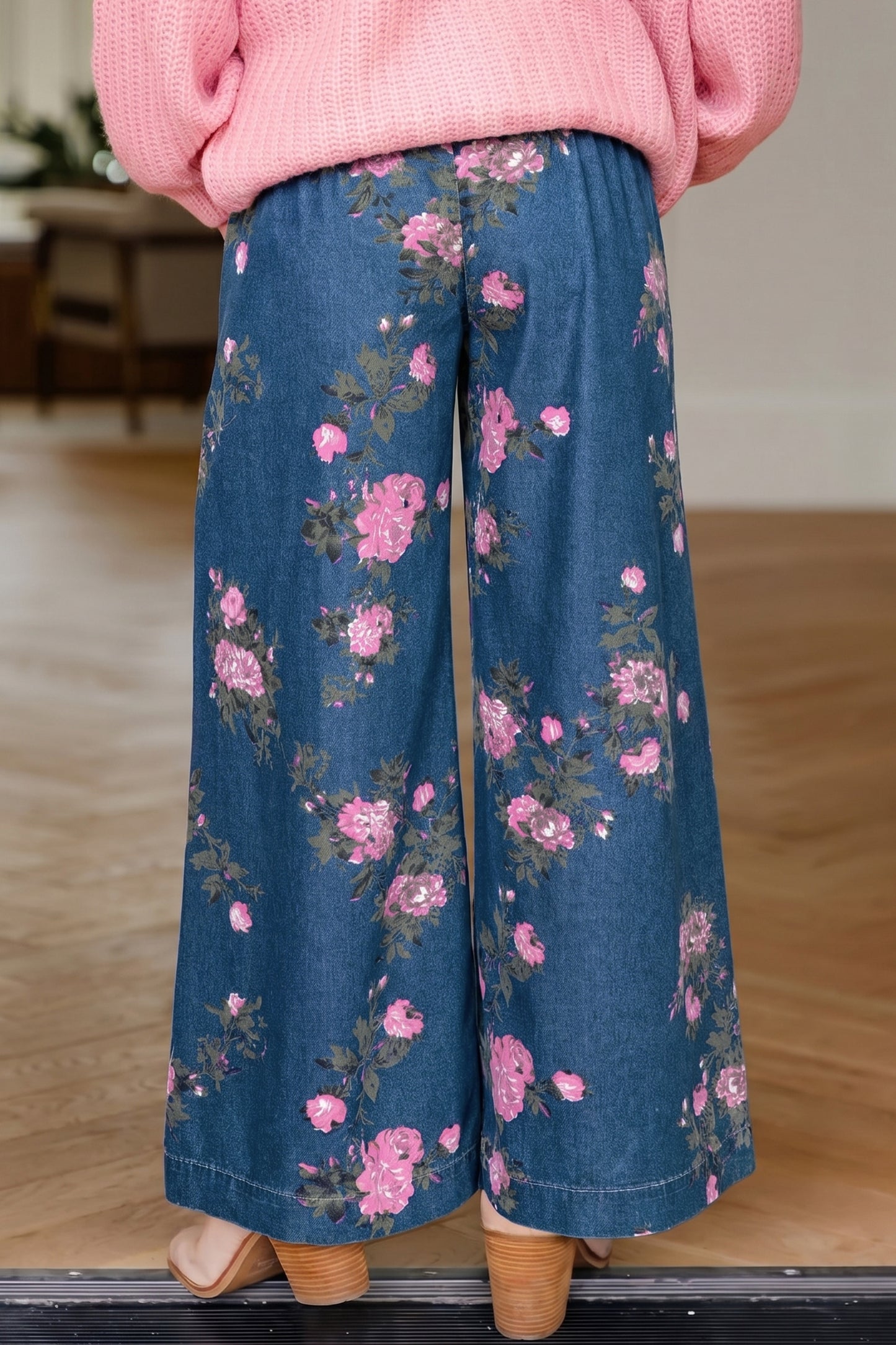 Blue Retro Floral Print Tie Elastic Waist Button Pintuck Wide Leg Jeans-Bottoms/Jeans-[Adult]-[Female]-2022 Online Blue Zone Planet