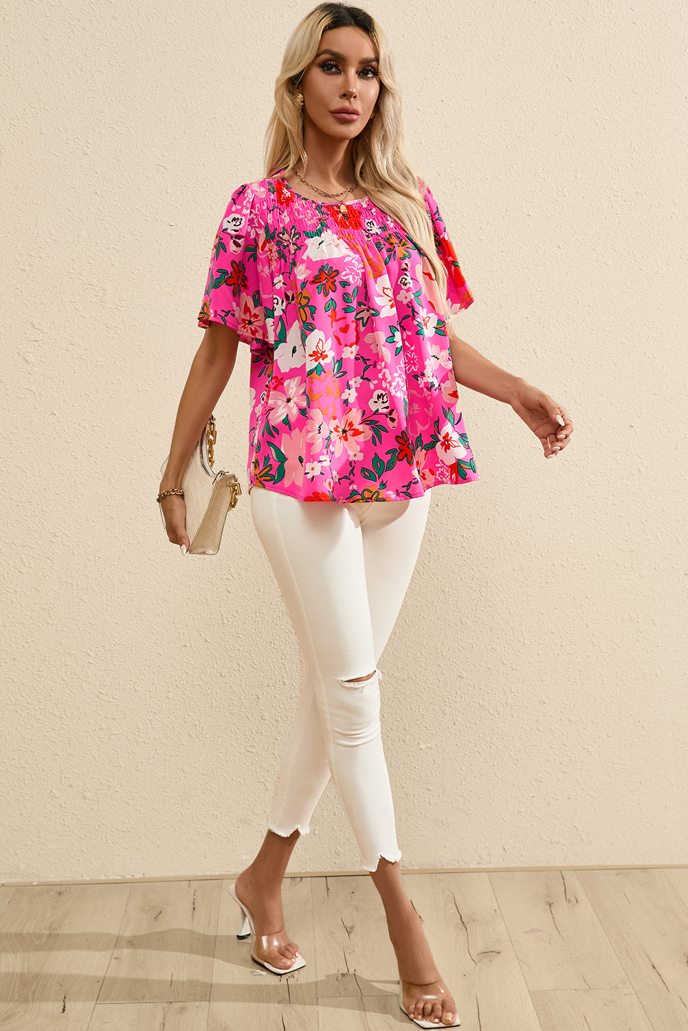 Pink Floral Short Sleeve Smocked Blouse-Tops/Blouses & Shirts-[Adult]-[Female]-2022 Online Blue Zone Planet