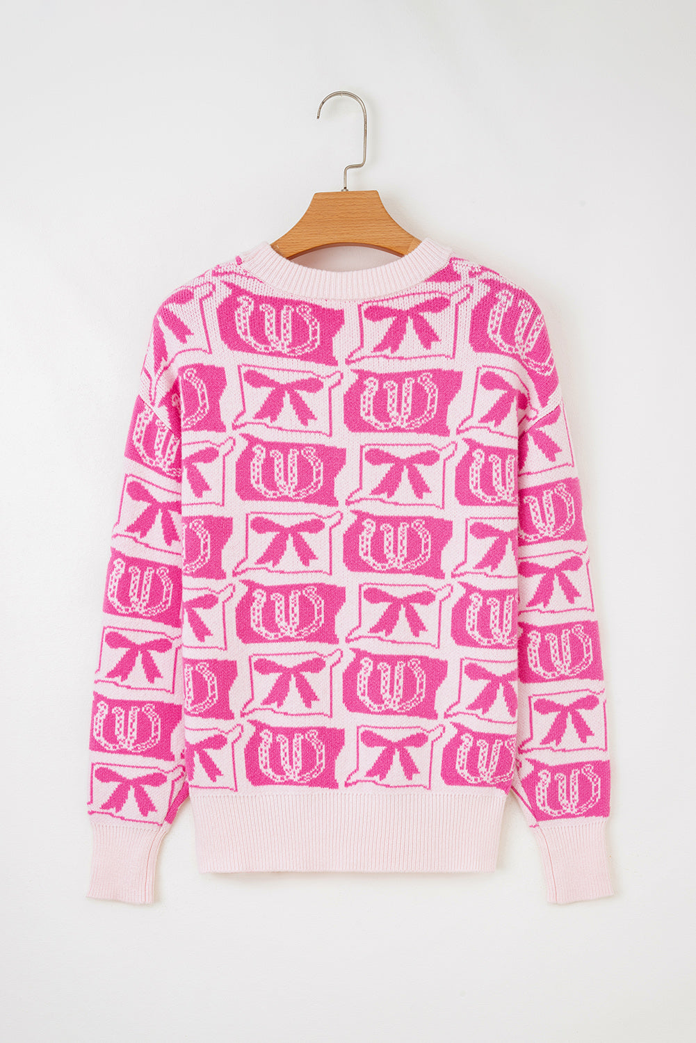 Pink Bows & Horseshoes Pattern Western Fashion Print Sweater-TOPS / DRESSES-[Adult]-[Female]-2022 Online Blue Zone Planet