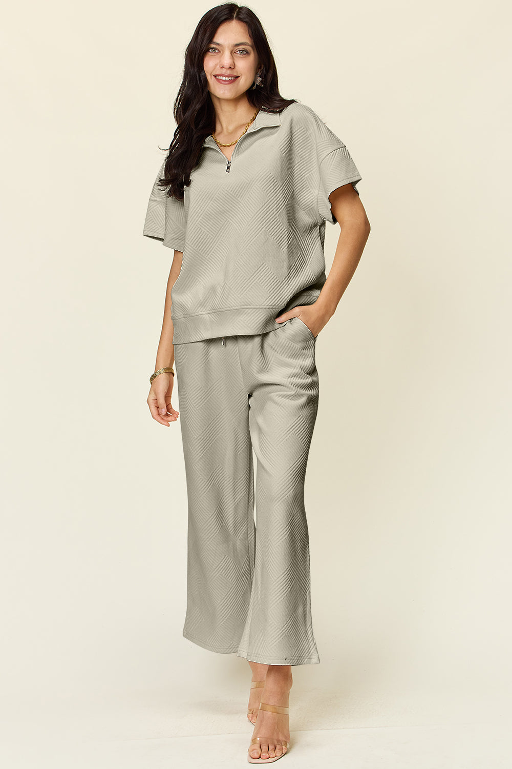 Double Take Full Size Texture Half Zip Short Sleeve Top and Pants Set-TOPS / DRESSES-[Adult]-[Female]-Dust Storm-S-2022 Online Blue Zone Planet