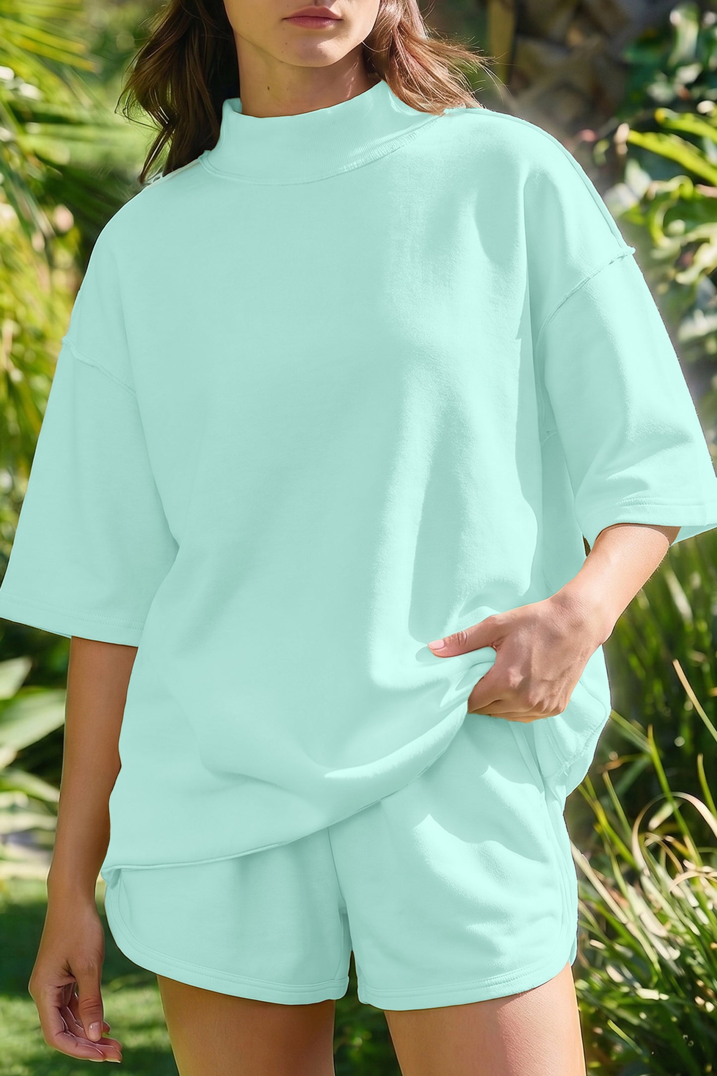 Light Pink Solid Color Exposed Seam Mock Neck Oversize Tee Casual Shorts 2pcs Outfit-Two Piece Sets/Short Sets-[Adult]-[Female]-2022 Online Blue Zone Planet