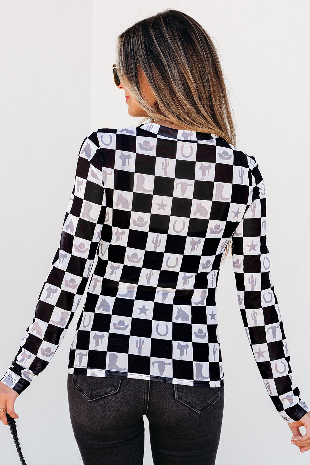 Black Checkerboard Western Elements Printed Mesh Long Sleeve Top-Tops/Long Sleeve Tops-[Adult]-[Female]-2022 Online Blue Zone Planet