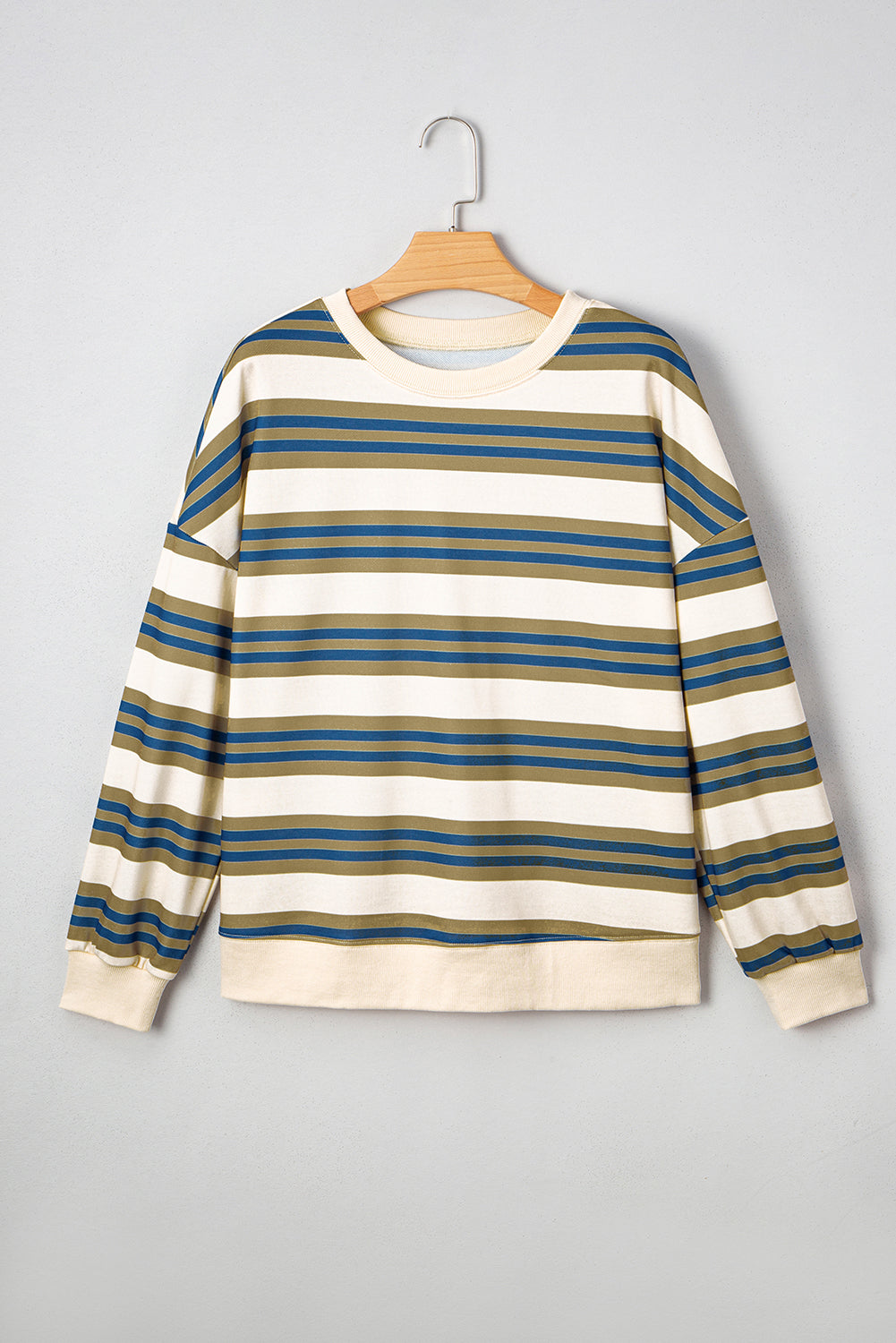 Khaki Stripe Crew Neck Drop Shoulder Pullover Sweatshirt-Tops/Sweatshirts & Hoodies-[Adult]-[Female]-2022 Online Blue Zone Planet