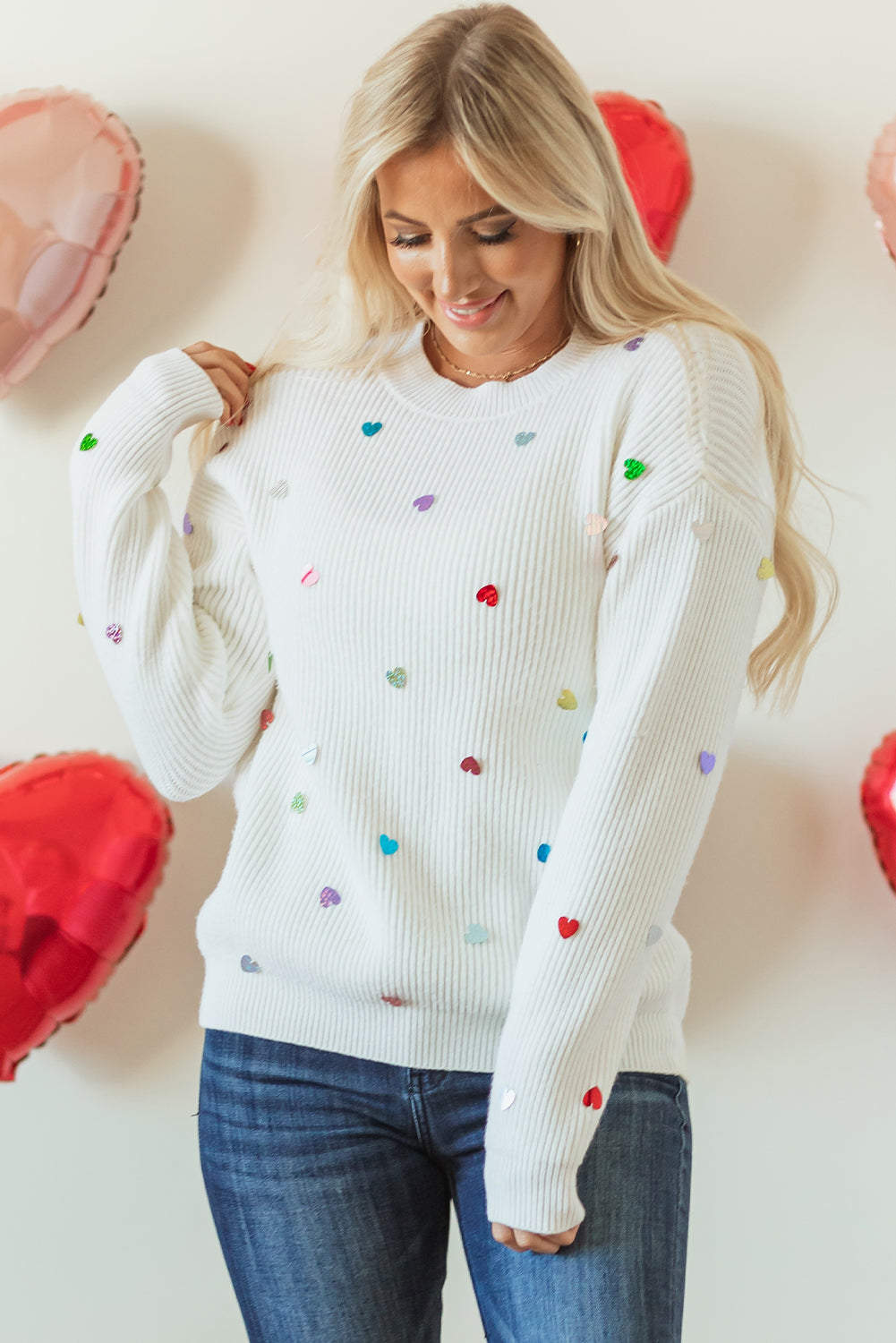 Blue Zone Planet | Beige Sequin Heart Shape Waffle Knit Round Neck Sweater-Sweaters & Cardigans/Sweaters-[Adult]-[Female]-2022 Online Blue Zone Planet