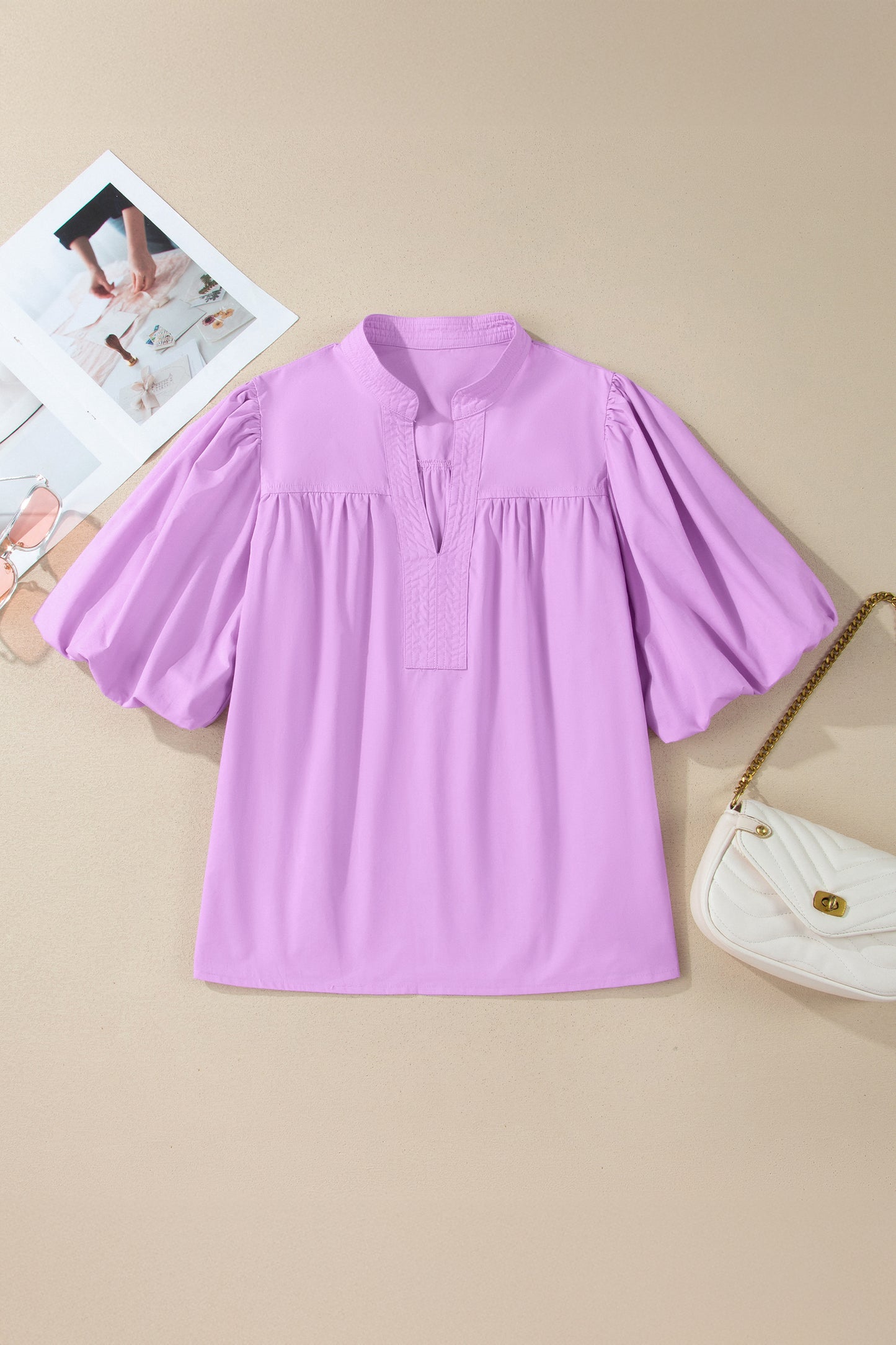 Phalaenopsis Stitched Detail V Neck Puffy Half Sleeve Blouse-Tops/Blouses & Shirts-[Adult]-[Female]-2022 Online Blue Zone Planet