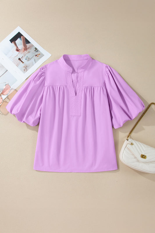 Phalaenopsis Stitched Detail V Neck Puffy Half Sleeve Blouse-Tops/Blouses & Shirts-[Adult]-[Female]-2022 Online Blue Zone Planet