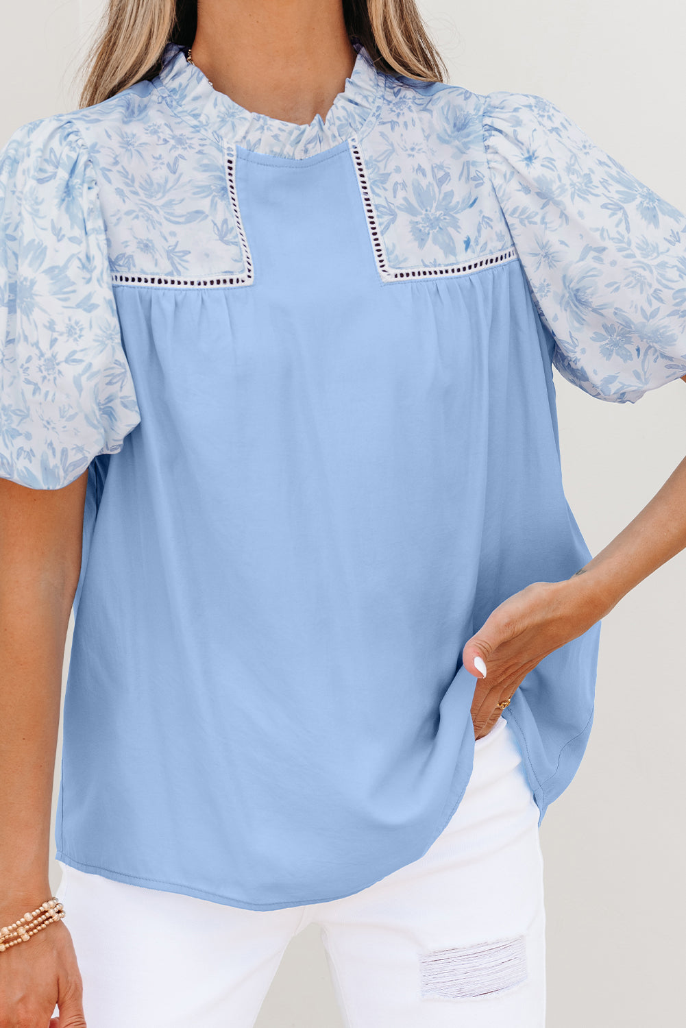 Beau Blue Lace Insert Floral Puff Sleeve Patchwork Loose Blouse-Tops/Blouses & Shirts-[Adult]-[Female]-2022 Online Blue Zone Planet