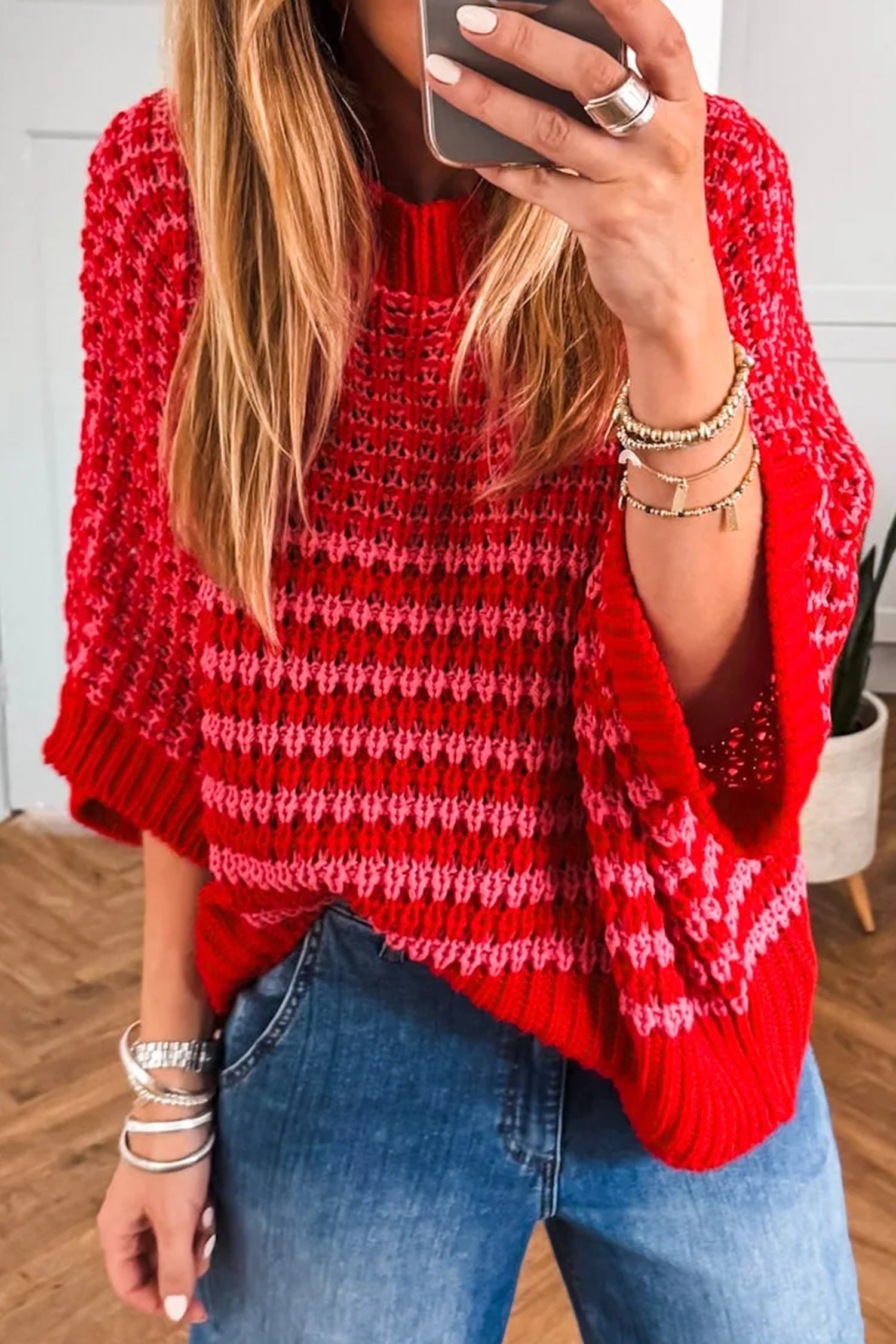 Black Stripe 3/4 Draped Sleeve Slouchy Sweater-TOPS / DRESSES-[Adult]-[Female]-Red Stripe-S-2022 Online Blue Zone Planet