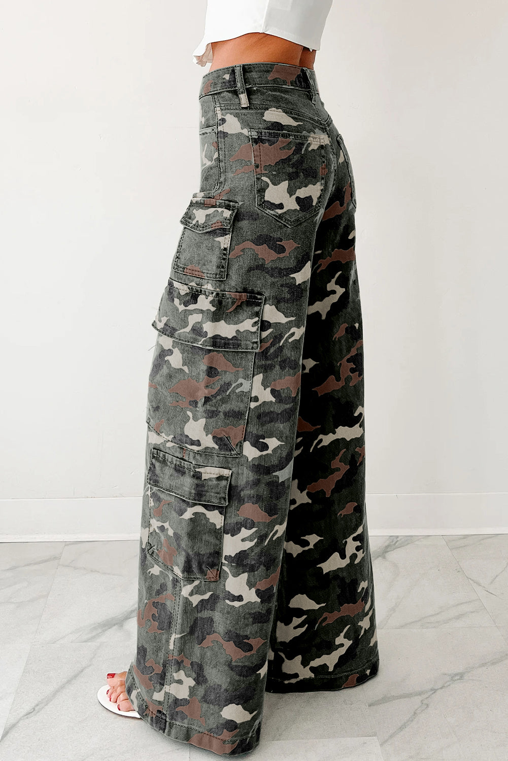 Green Camo Denim Cargo Wide Leg Pants-Bottoms/Jeans-[Adult]-[Female]-2022 Online Blue Zone Planet