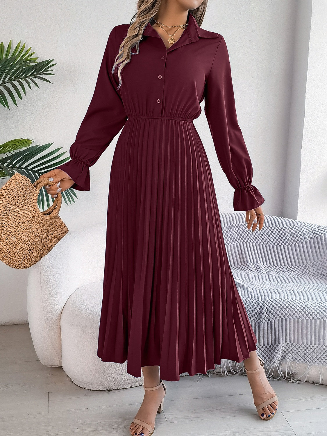 Blue Zone Planet | Pleated Half Button Long Sleeve Midi Dress-TOPS / DRESSES-[Adult]-[Female]-2022 Online Blue Zone Planet