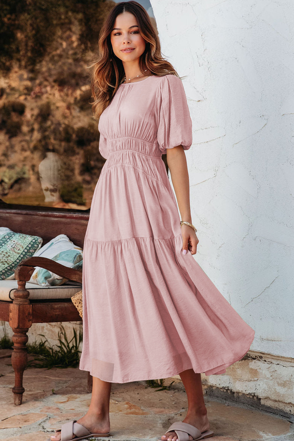 Pink Puff Sleeve Pleated High Waist Flowy Long Dress-TOPS / DRESSES-[Adult]-[Female]-2022 Online Blue Zone Planet