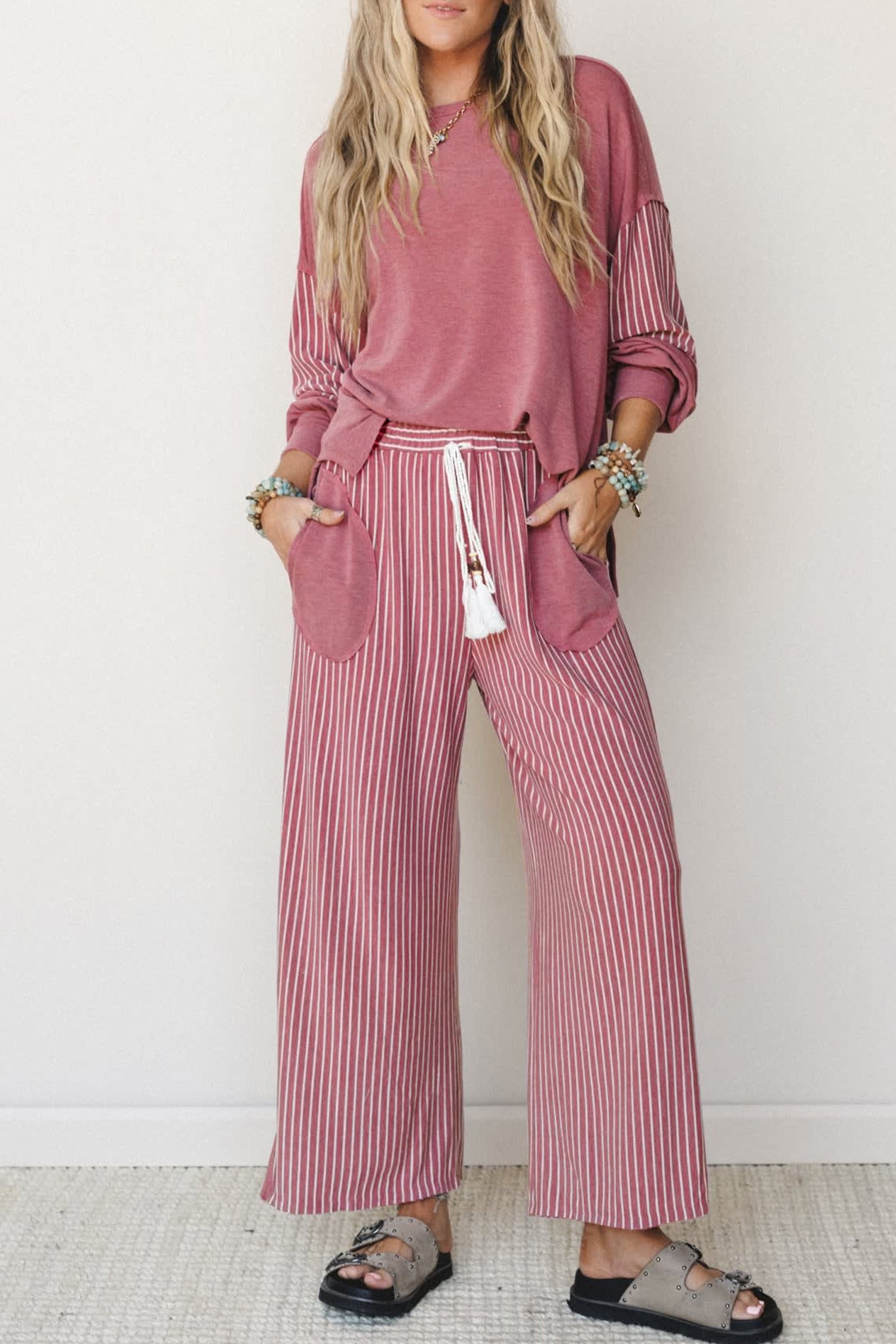 Fushia Raw Seam Patchwork Long Sleeve Top Pocket Casual Pants 2pcs Set-Two Piece Sets/Pant Sets-[Adult]-[Female]-2022 Online Blue Zone Planet
