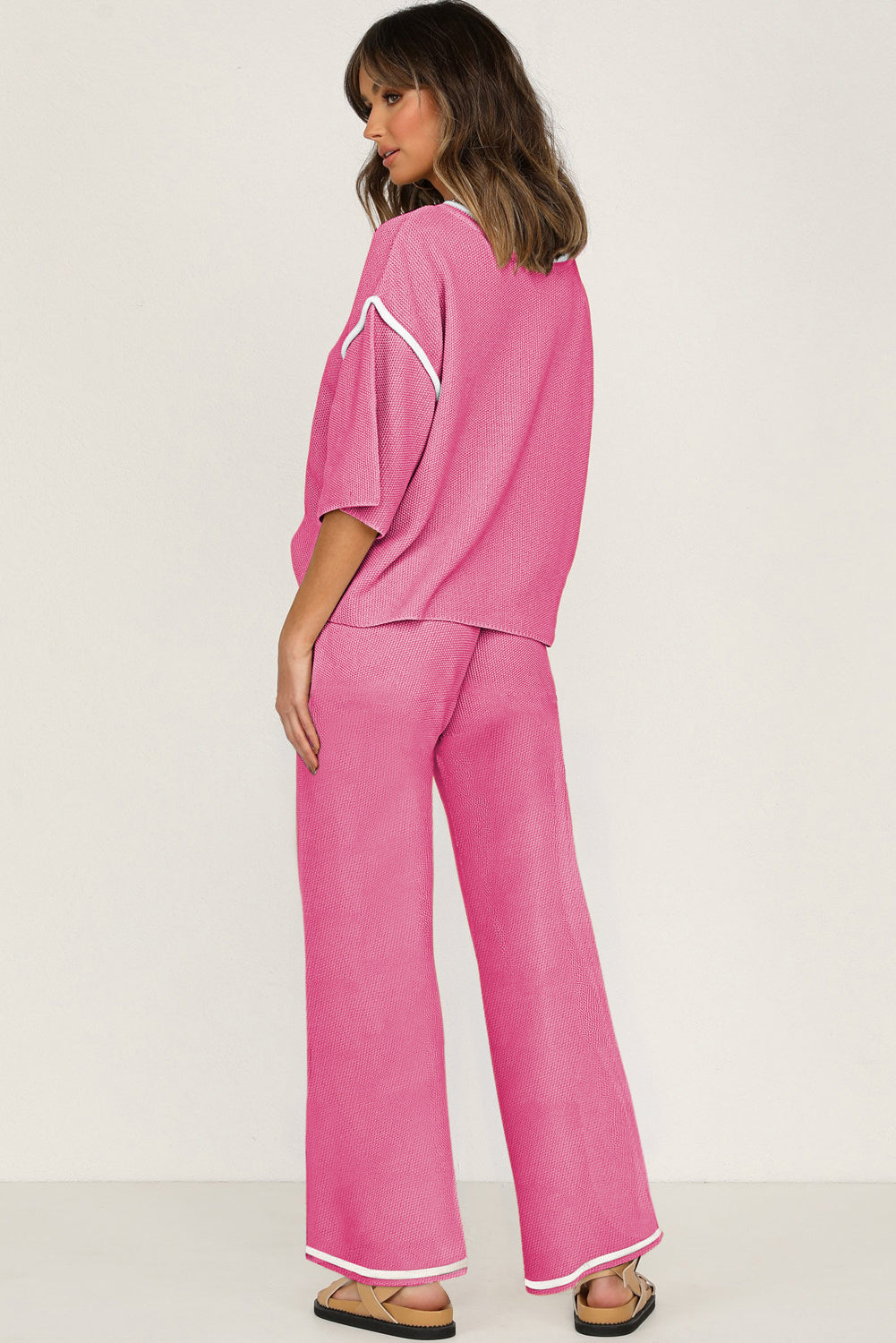 Bright Pink Contrast Trim Half Sleeve Top Drawstring Pants Loose 2pcs Sweater Suit-TOPS / DRESSES-[Adult]-[Female]-2022 Online Blue Zone Planet