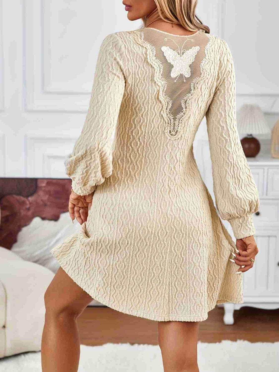 Lace Detail V-Neck Long Sleeve Dress-TOPS / DRESSES-[Adult]-[Female]-Beige-S-2022 Online Blue Zone Planet