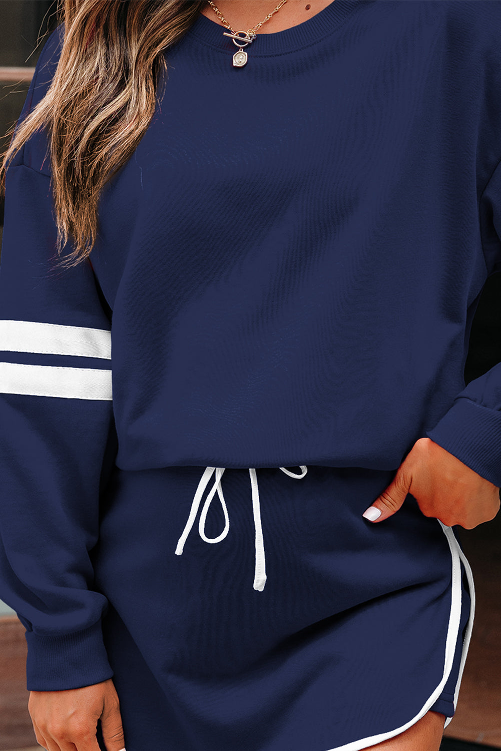 Navy Blue Varsity Stripe Detail Drop Shoulder Pullover Mini Skirt Set-Two Piece Sets/Two Piece Dresses-[Adult]-[Female]-2022 Online Blue Zone Planet