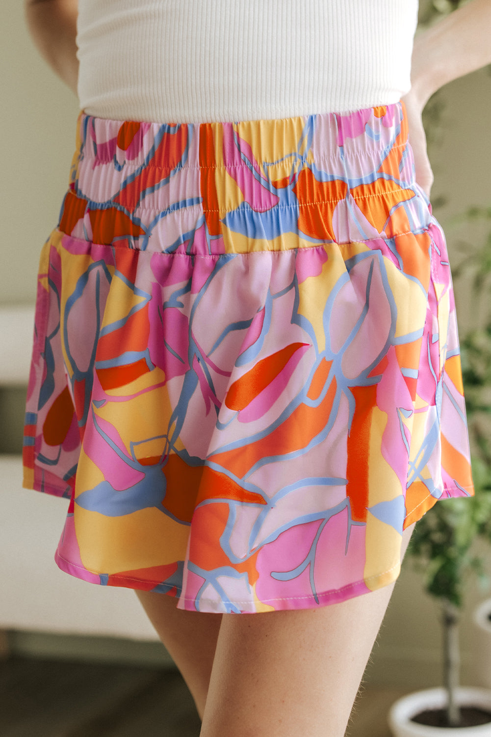 Purple Abstract Print Smock Waist Casual Shorts-BOTTOMS SIZES SMALL MEDIUM LARGE-[Adult]-[Female]-2022 Online Blue Zone Planet
