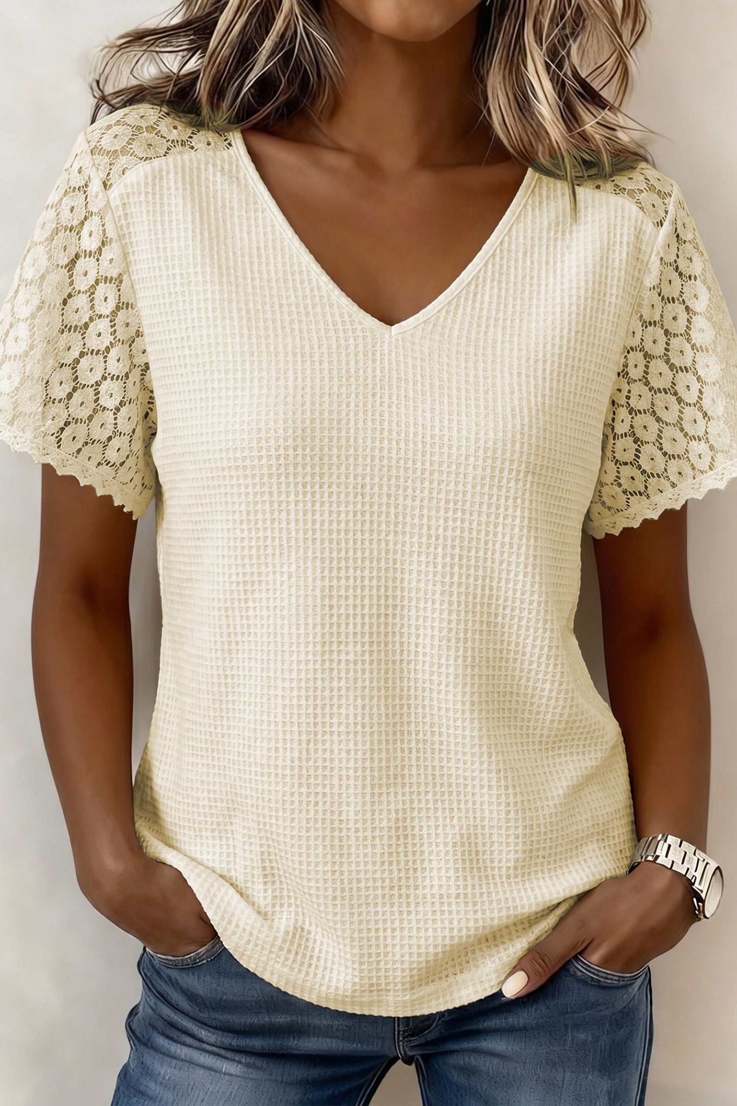 Beige Lace Splicing Button Cutout V Neck Waffle Knit Blouse-Tops/Blouses & Shirts-[Adult]-[Female]-Beige-S-2022 Online Blue Zone Planet