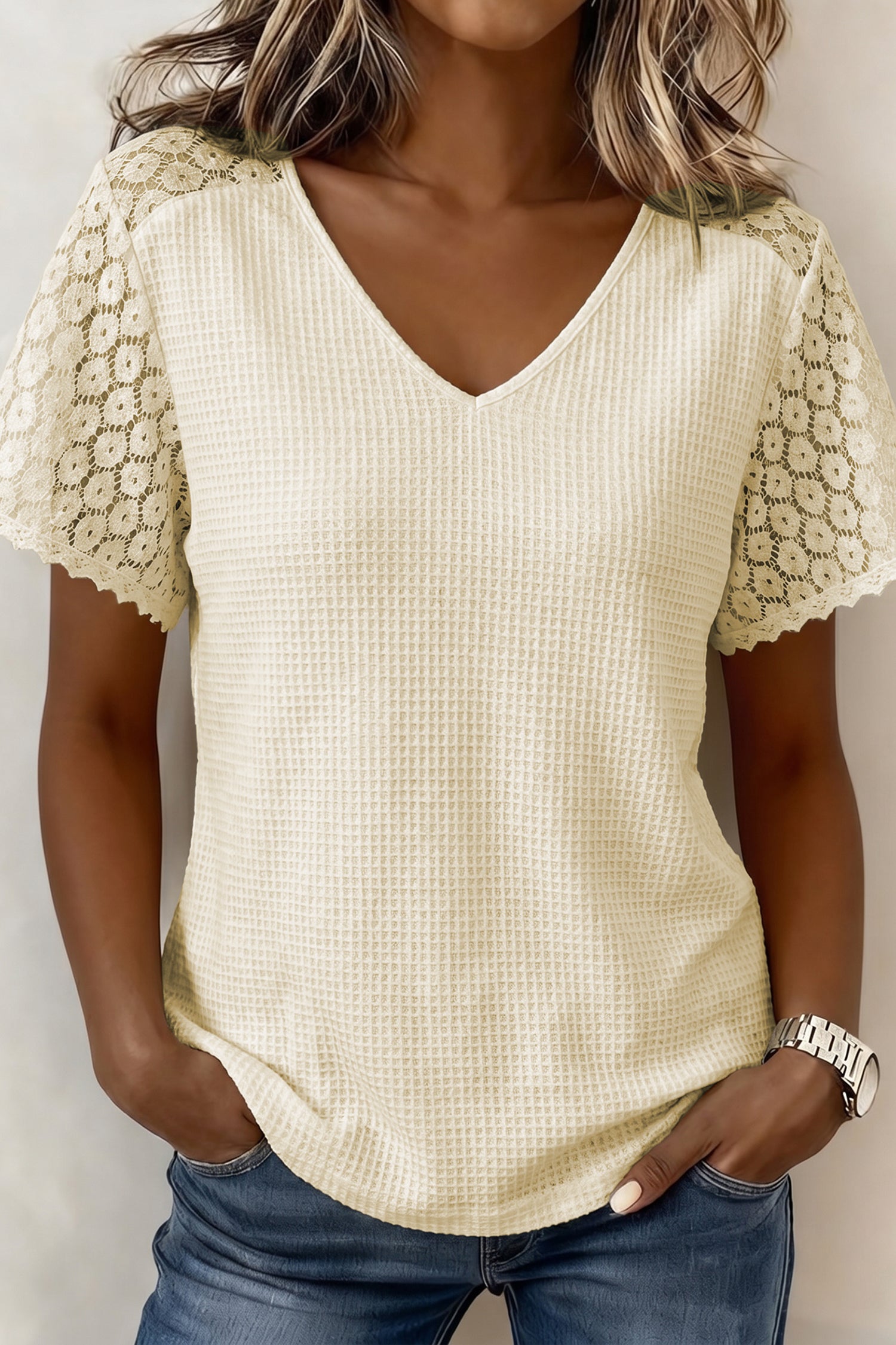 Beige Lace Splicing Button Cutout V Neck Waffle Knit Blouse-Tops/Blouses & Shirts-[Adult]-[Female]-Beige-S-2022 Online Blue Zone Planet