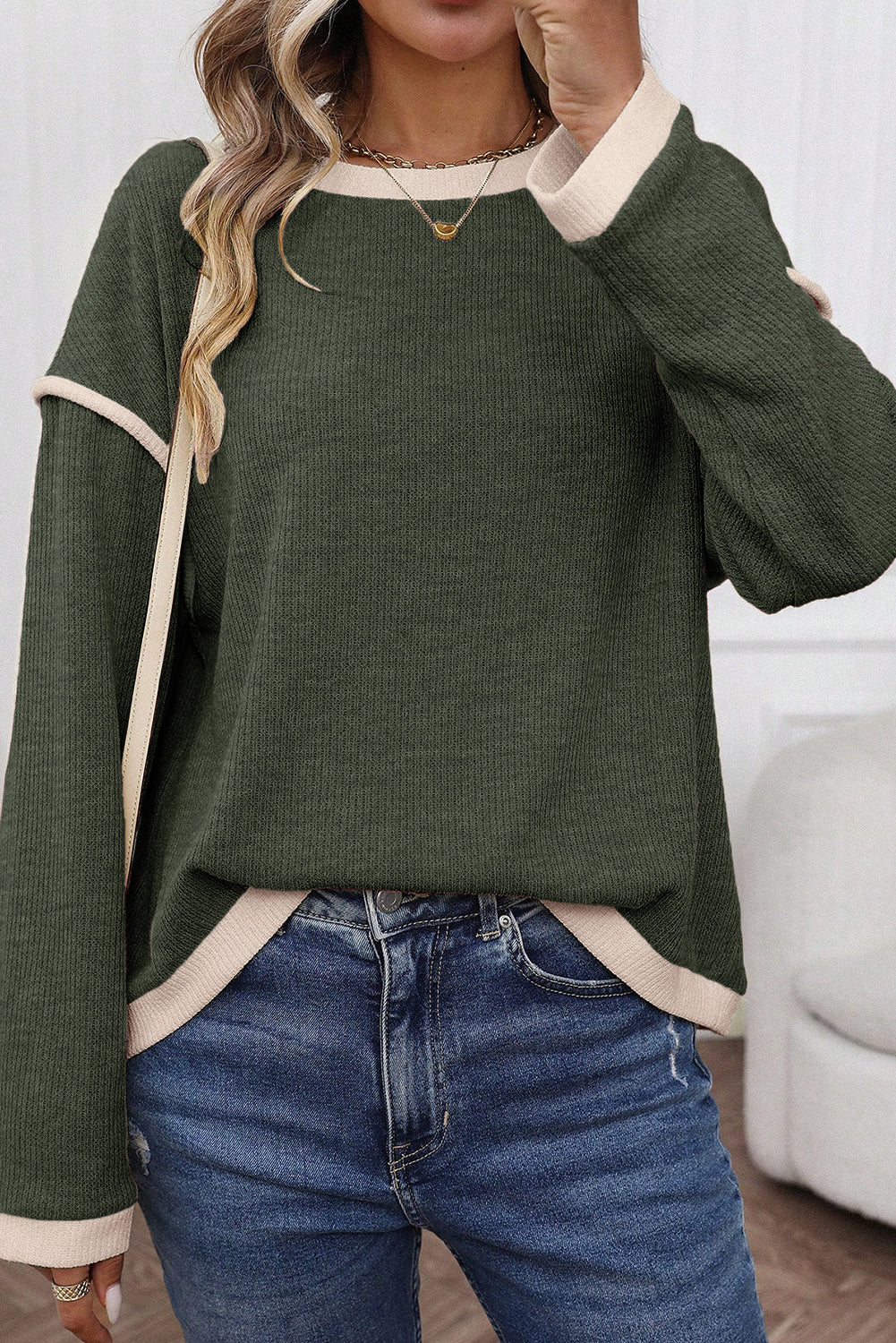 Four Leaf Clover Contrast Color Trim Knit Drop Shoulder Loose Top-Tops/Long Sleeve Tops-[Adult]-[Female]-Four Leaf Clover-S-2022 Online Blue Zone Planet