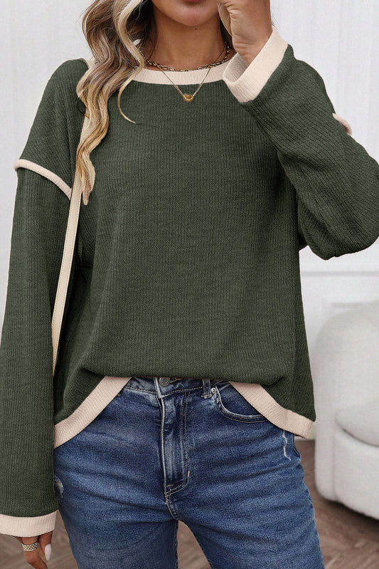Four Leaf Clover Contrast Color Trim Knit Drop Shoulder Loose Top-Tops/Long Sleeve Tops-[Adult]-[Female]-Four Leaf Clover-S-2022 Online Blue Zone Planet