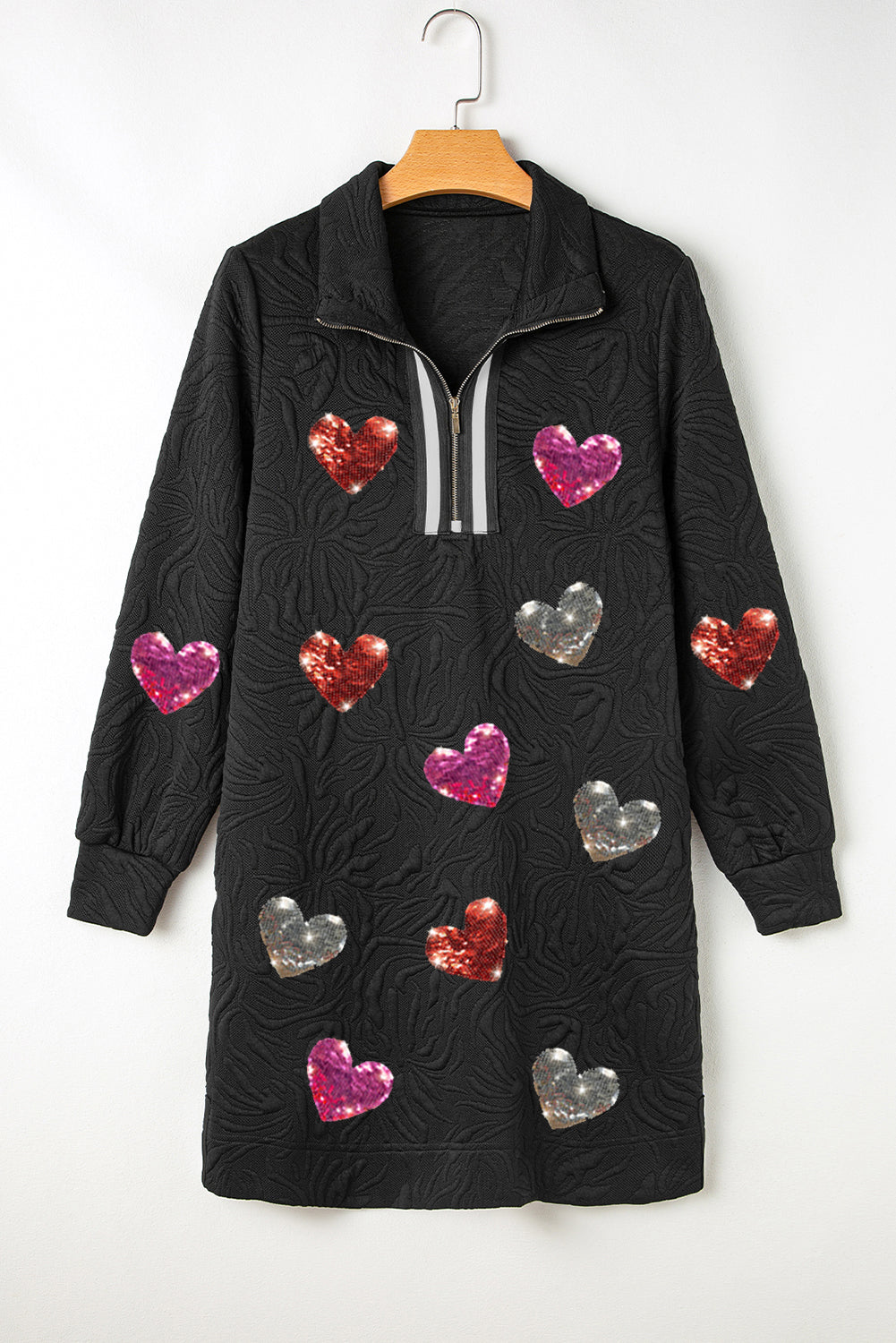 Black Textured Heart Patched Graphic Bracelet Sleeve Quarter Zip Collar Mini Dress-Graphic Apparel-[Adult]-[Female]-2022 Online Blue Zone Planet