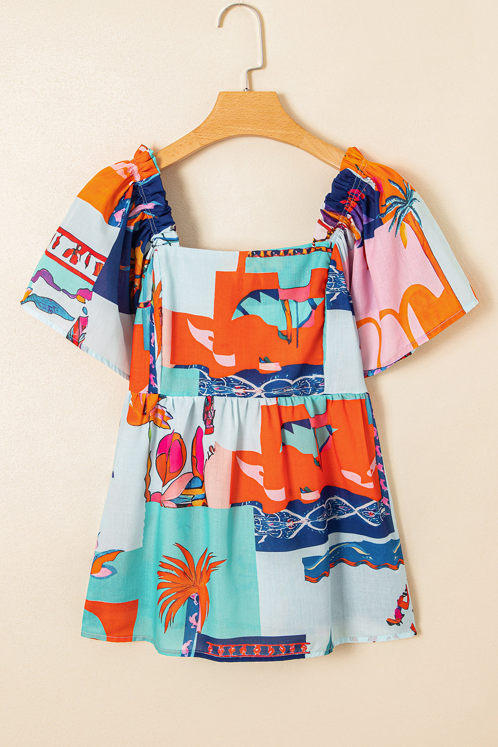 Sky Blue Tropical Printed Square Neck Flutter Sleeve Babydoll Blouse-Tops/Blouses & Shirts-[Adult]-[Female]-2022 Online Blue Zone Planet