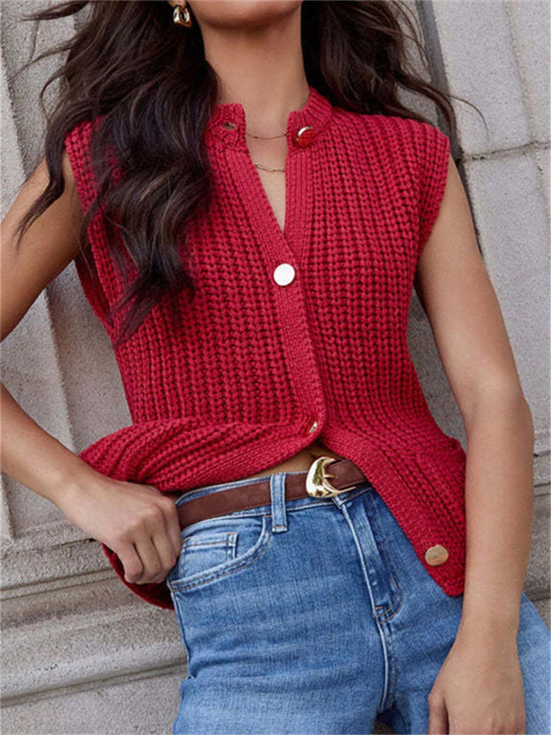 Button Down Sweater Vest with Pockets-TOPS / DRESSES-[Adult]-[Female]-2022 Online Blue Zone Planet