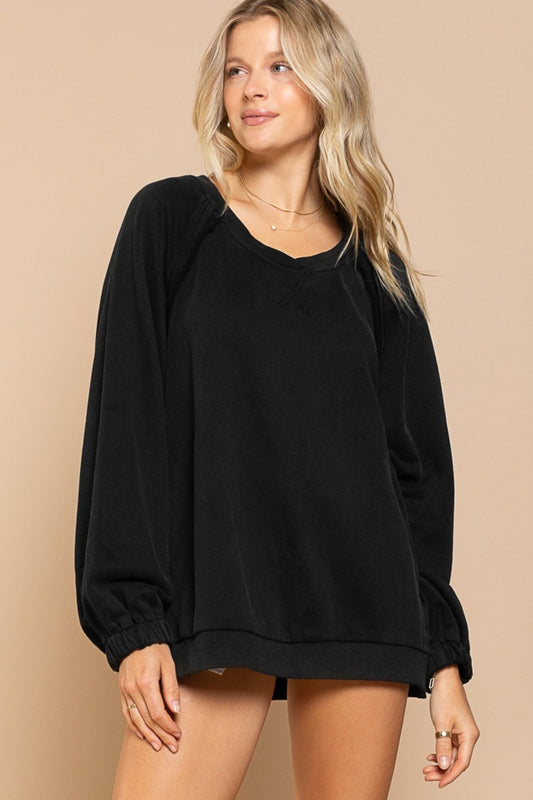 Blue Zone Planet | POL Back Cross Strap Detail Balloon Sleeve Sweatshirt-TOPS / DRESSES-[Adult]-[Female]-Black-S-2022 Online Blue Zone Planet