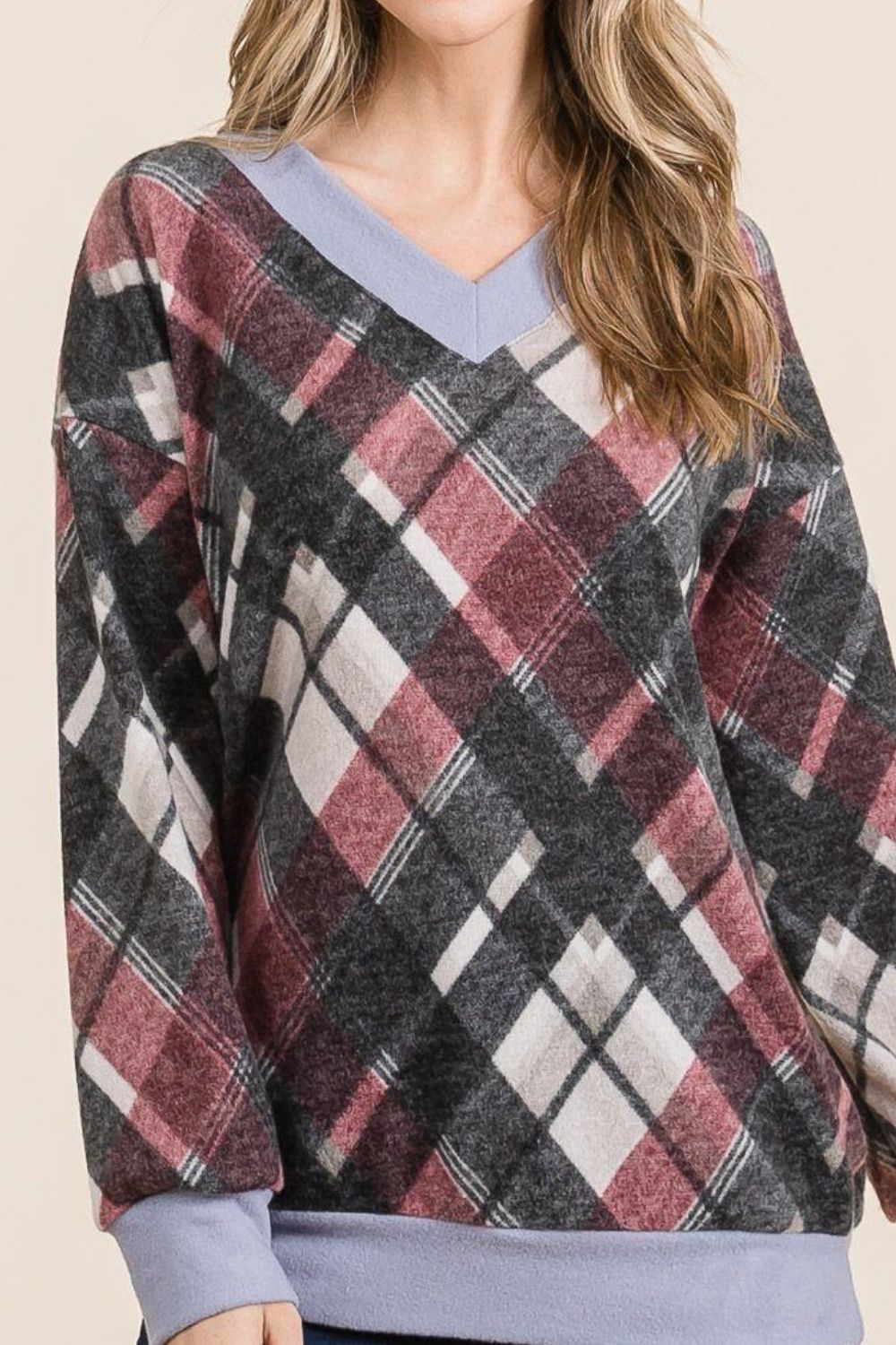 Celeste Plaid V-Neck Long Sleeve T-Shirt-TOPS / DRESSES-[Adult]-[Female]-2022 Online Blue Zone Planet