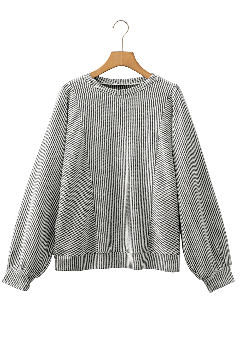 Gray Ribbed Knit Round Neck Long Lantern Sleeve Top-Tops/Long Sleeve Tops-[Adult]-[Female]-2022 Online Blue Zone Planet