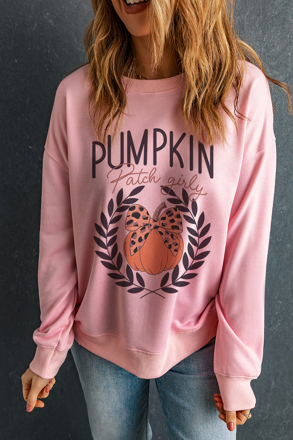 Pumpkin Round Neck Long Sleeve Sweatshirt-TOPS / DRESSES-[Adult]-[Female]-Blush Pink-S-2022 Online Blue Zone Planet