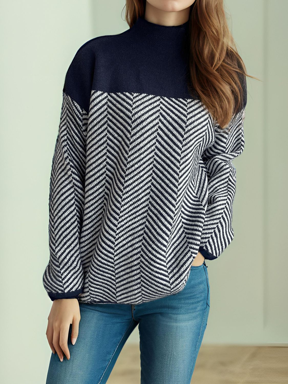 Contrast Turtleneck Long Sleeve Sweater-TOPS / DRESSES-[Adult]-[Female]-Dark Blue-One Size-2022 Online Blue Zone Planet