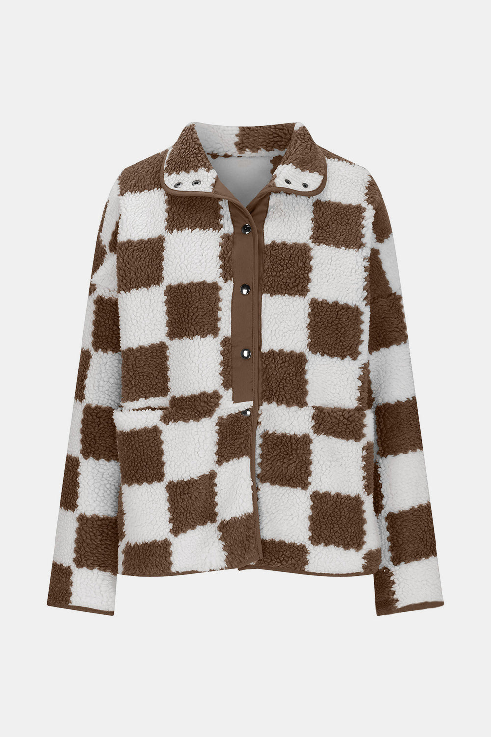 Checkered Snap Down Long Sleeve Teddy Jacket-TOPS / DRESSES-[Adult]-[Female]-2022 Online Blue Zone Planet