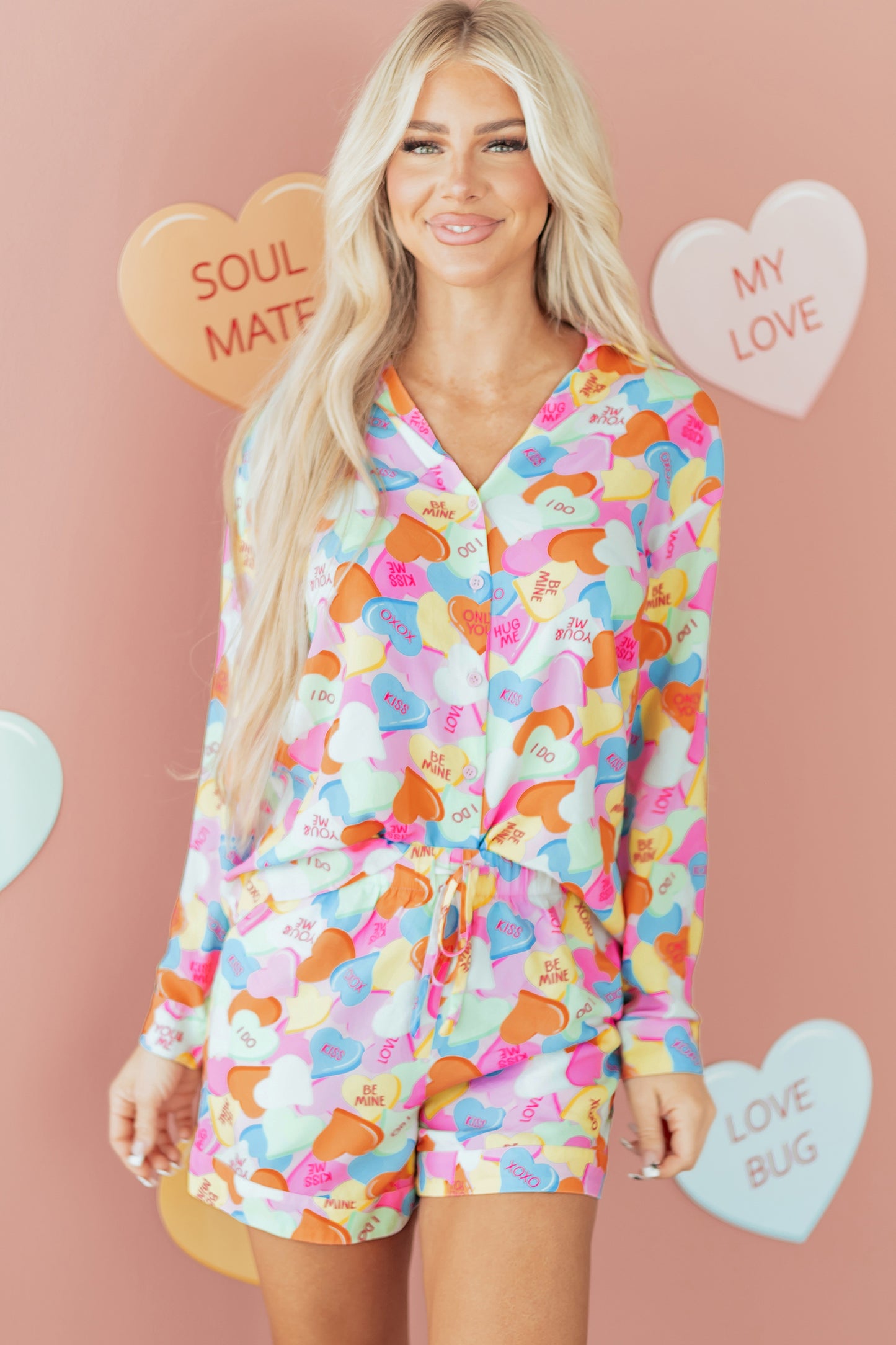 Pink Valentines Candy Heart V Neck Collared Tunic Shirt and Shorts 2pcs Pajama Set-Loungewear & Sleepwear/Loungewear-[Adult]-[Female]-2022 Online Blue Zone Planet
