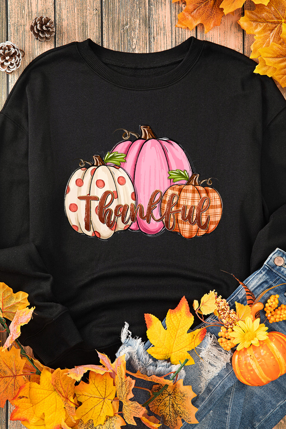 Black Pumpkin Thankful Drop Shoulder Thanksgiving Pullover Sweatshirt-Graphic/Graphic Sweatshirts-[Adult]-[Female]-Black-S-2022 Online Blue Zone Planet