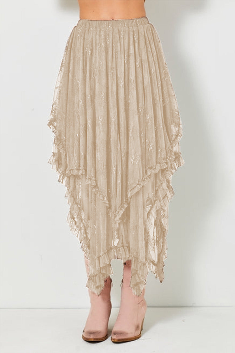 Apricot Lace Cascading Tiered High Waist Maxi Skirt-Bottoms/Skirts & Petticoat-[Adult]-[Female]-2022 Online Blue Zone Planet