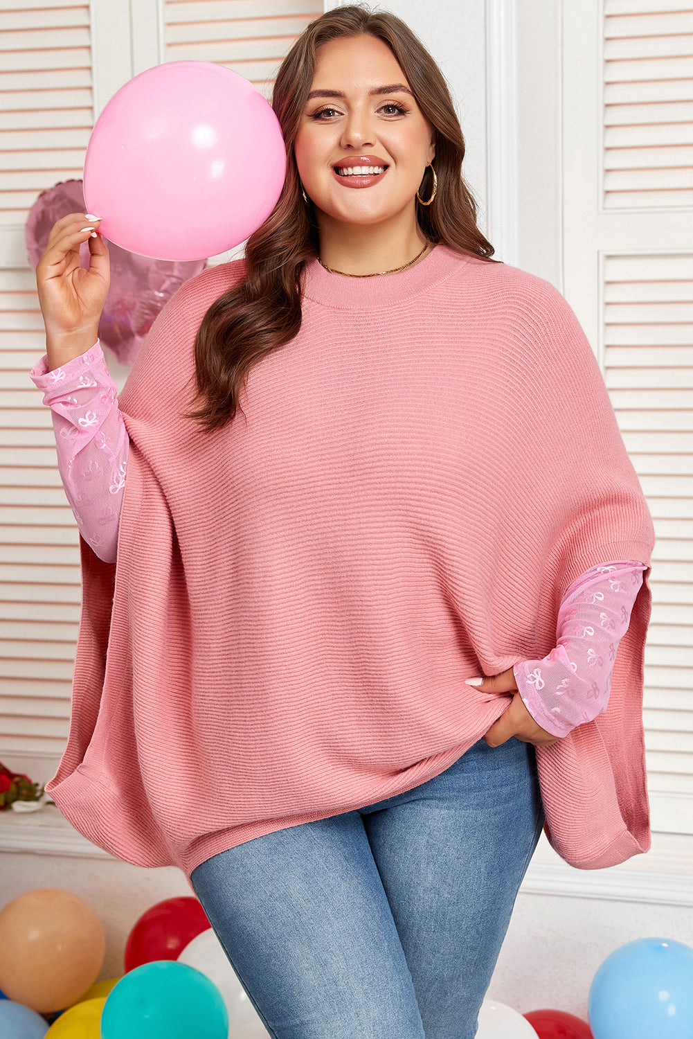 Light Pink Ribbed Knit Half Sleeve Plus Size Poncho Style Sweater-TOPS / DRESSES-[Adult]-[Female]-2022 Online Blue Zone Planet