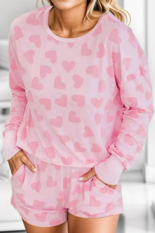 Blue Zone Planet | Heart Print Round Neck Top and Shorts Lounge Set-TOPS / DRESSES-[Adult]-[Female]-Blush Pink-S-2022 Online Blue Zone Planet