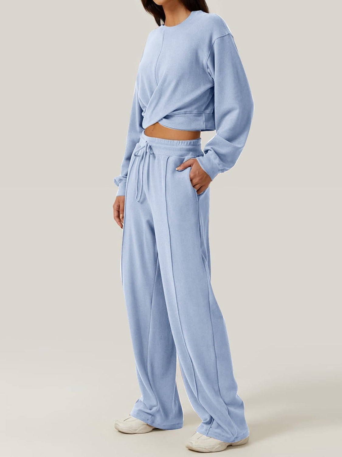 Crisscross Round Neck Top and Drawstring Pants Set-BOTTOMS SIZES SMALL MEDIUM LARGE-[Adult]-[Female]-Light Blue-S-2022 Online Blue Zone Planet