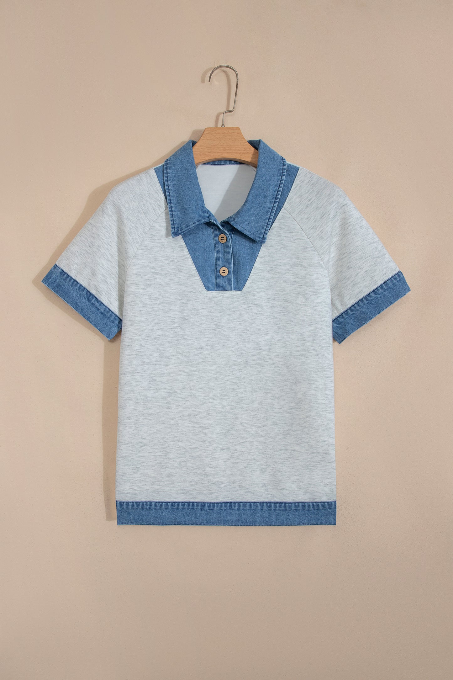 Light Grey Denim Contrast Collar Cuffed Short Sleeve Top