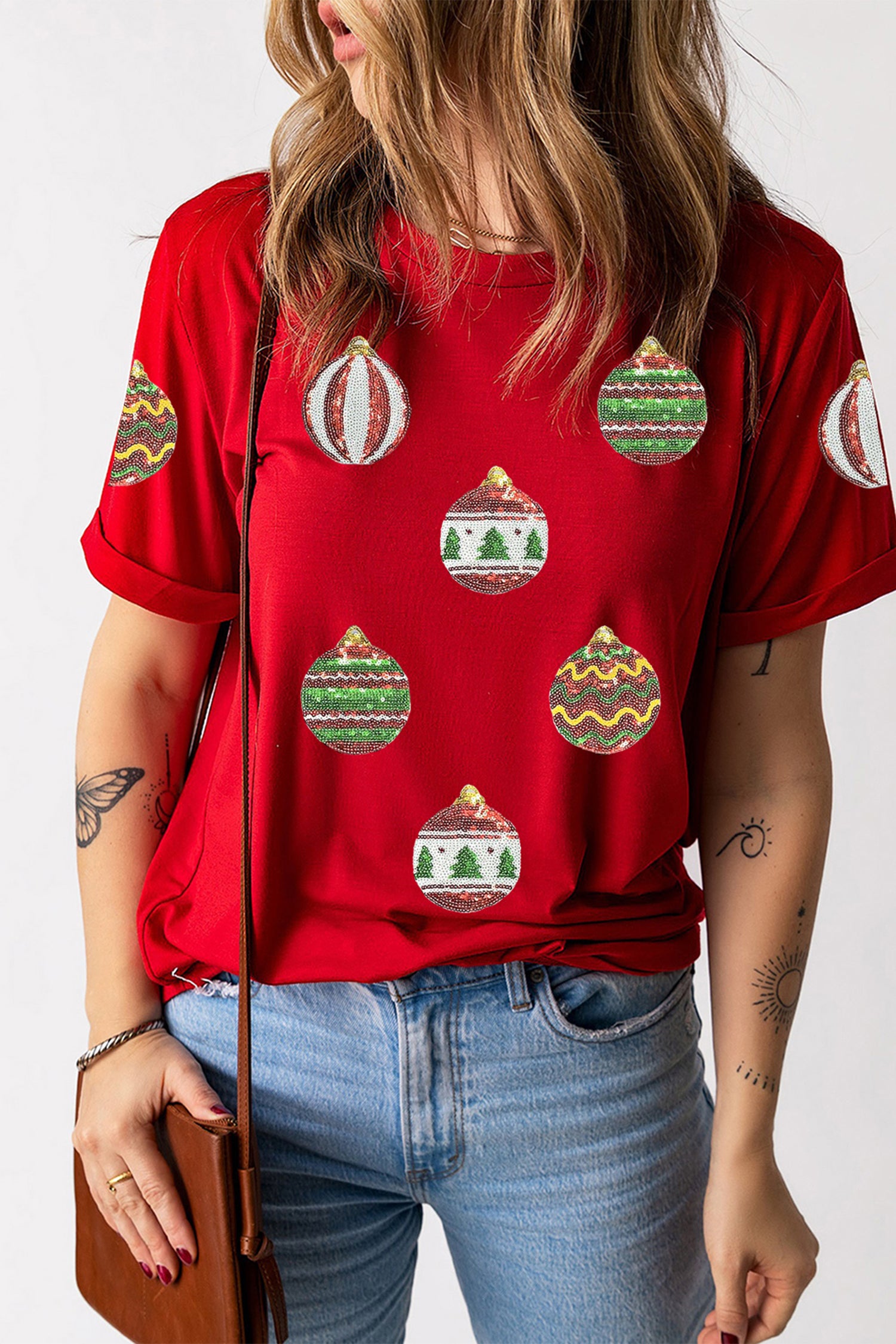Red Christmas Ornament Bulbs Sequin Graphic Tee-Graphic/Graphic Tees-[Adult]-[Female]-2022 Online Blue Zone Planet