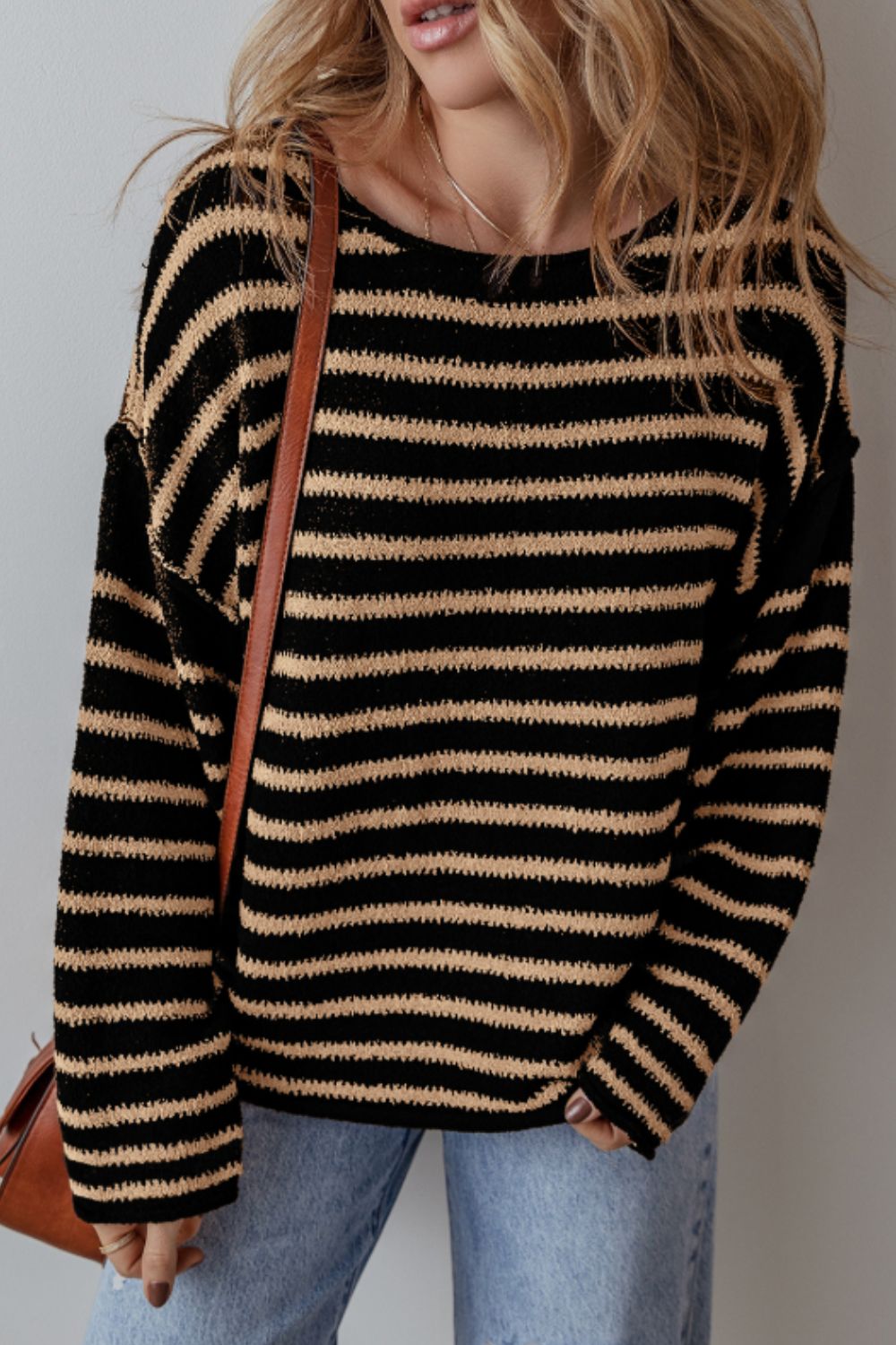 Stripe Drop Shoulder Round Neck Sweater-TOPS / DRESSES-[Adult]-[Female]-Black-S-2022 Online Blue Zone Planet