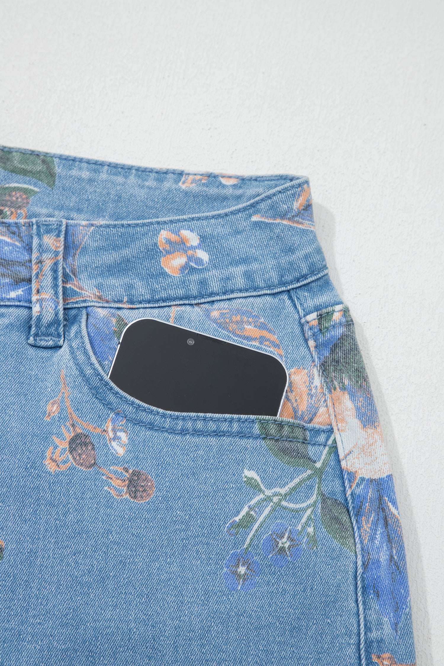Sky Blue Retro Floral Print Frayed Hem Shift Jeans-Bottoms/Jeans-[Adult]-[Female]-2022 Online Blue Zone Planet