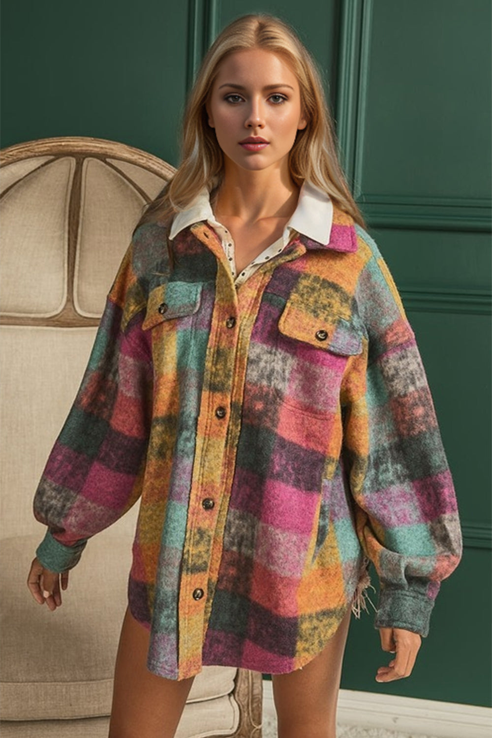 Blue Zone Planet | Double Take Full Size Button Up Plaid Fleece Shacket with Pockets-TOPS / DRESSES-[Adult]-[Female]-Multicolored-S-2022 Online Blue Zone Planet