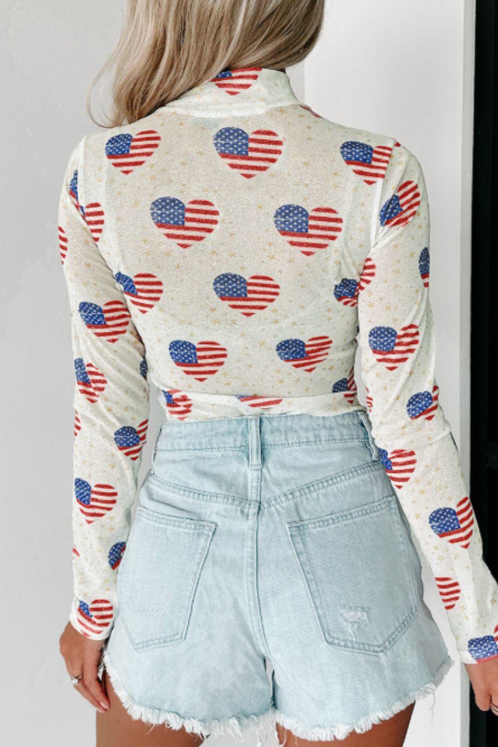 US Flag Heart Mock Neck Long Sleeve Bodysuit-TOPS / DRESSES-[Adult]-[Female]-2022 Online Blue Zone Planet