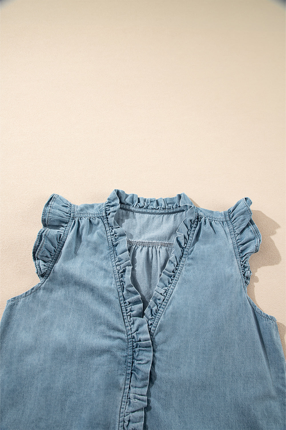 Beau Blue Frilly Ruffle Trim V Neck Chambray Tank Top-Tops/Tank Tops-[Adult]-[Female]-2022 Online Blue Zone Planet