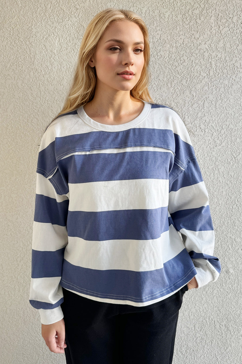 Oh Pima Cotton Wash Exposed Seam Contrast Striped Round Neck Long Sleeve T-Shirt-TOPS / DRESSES-[Adult]-[Female]-Dusty Blue-S-2022 Online Blue Zone Planet