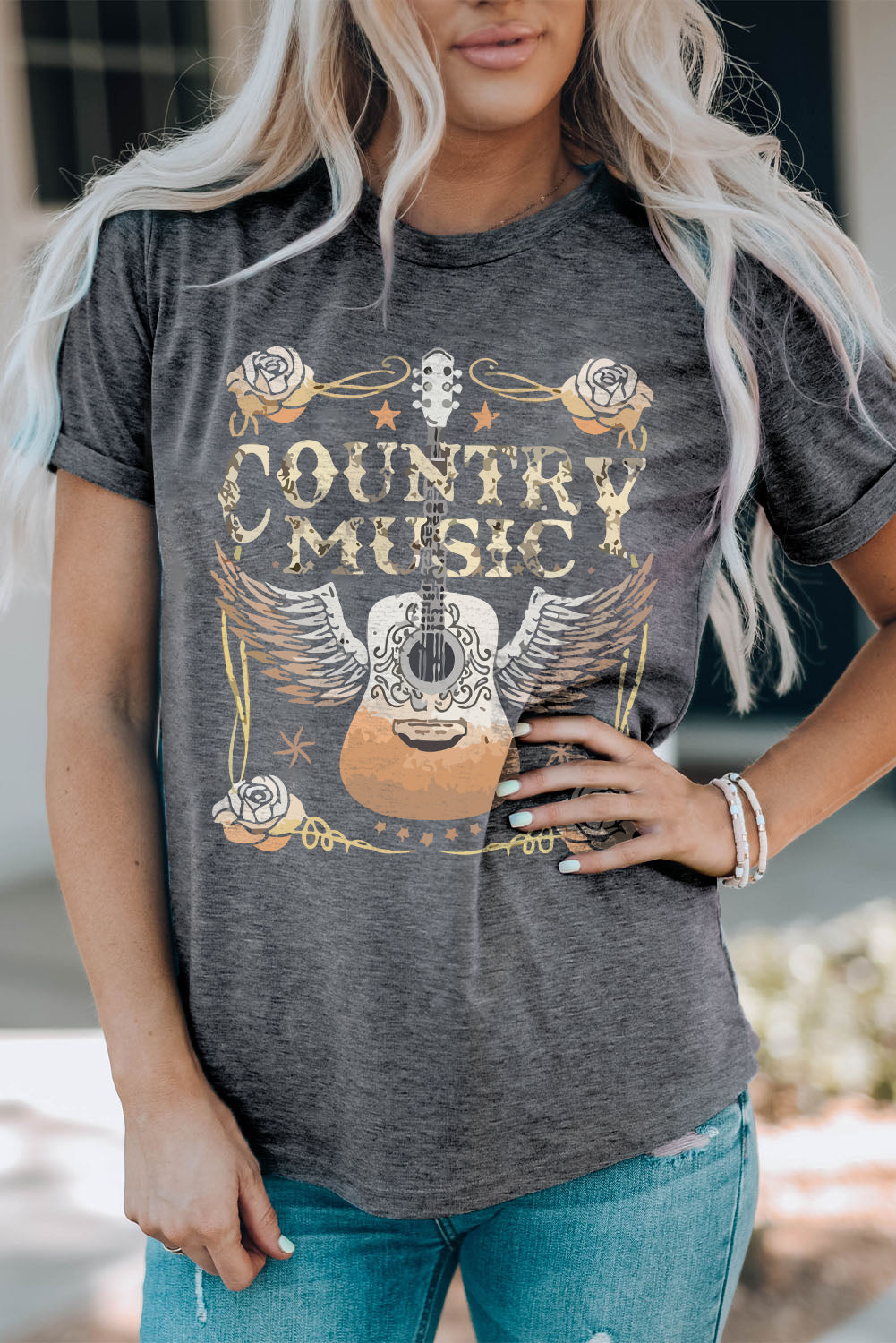 Gray Country Music Guitar Graphic Print Crew Neck T Shirt-Graphic/Graphic Tees-[Adult]-[Female]-2022 Online Blue Zone Planet