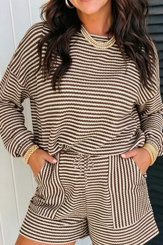 Brown Stripe Textured Knit Long Sleeve Top Elastic Waist Shorts Casual Outfit-Two Piece Sets/Short Sets-[Adult]-[Female]-Brown Stripe-S-2022 Online Blue Zone Planet