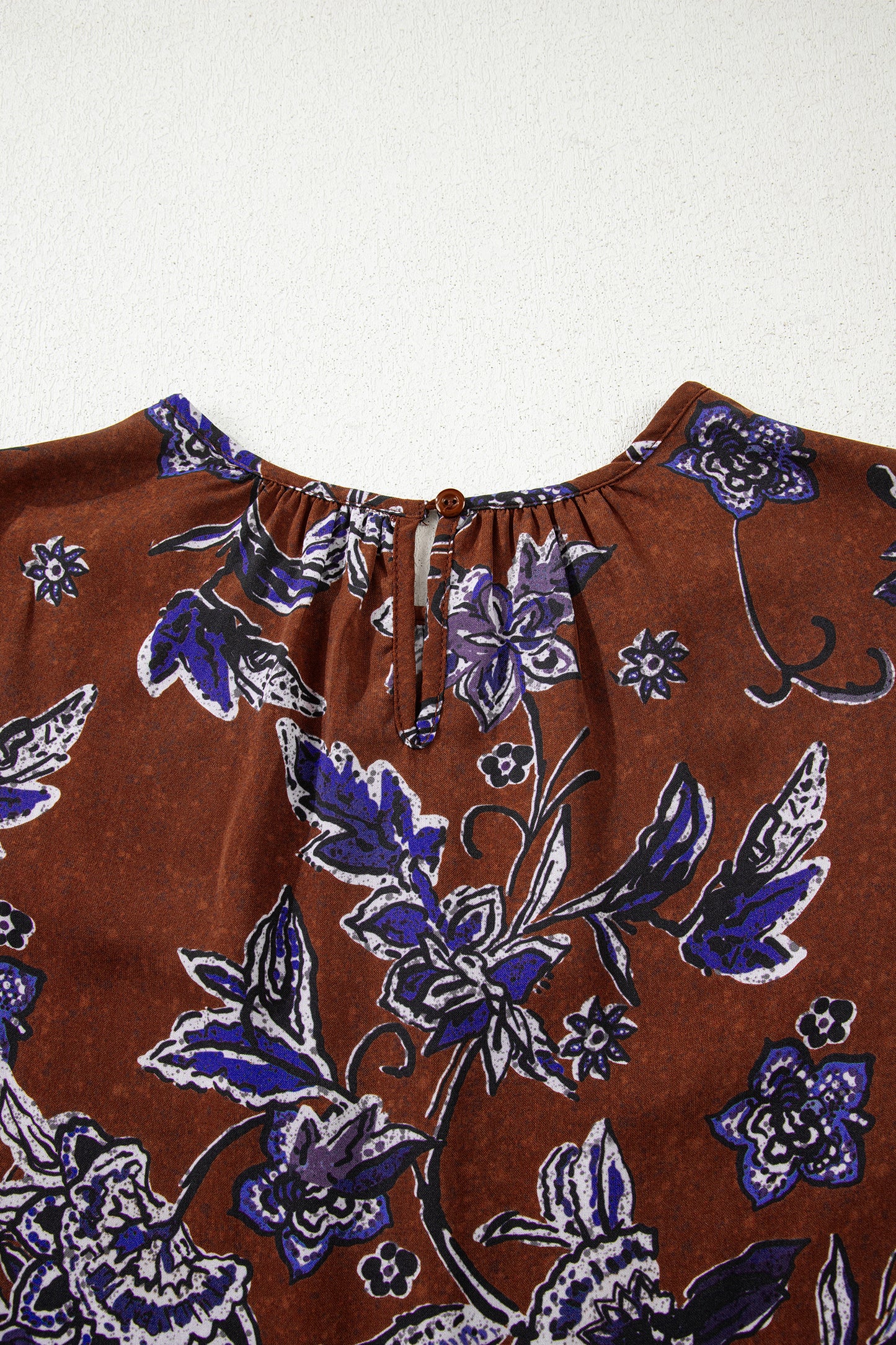 Brown Autumn Floral Print Smocked Cuffs Shift Blouse-Tops/Blouses & Shirts-[Adult]-[Female]-2022 Online Blue Zone Planet